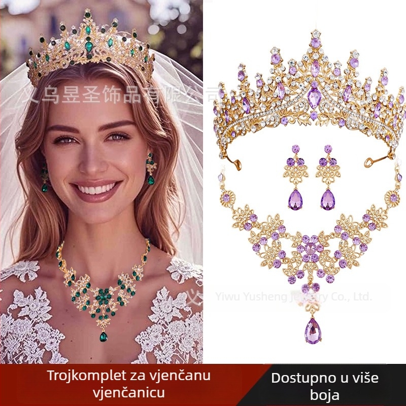 Vjenčani set nakita: kruna, ogrlica i naušnice u dvorskom stilu, od legure, elektroplating, običan lanac, oblici: srce / kapljica / zvono
