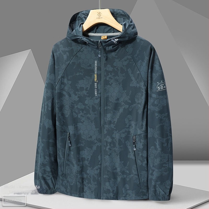 Vanjska windbreaker jakna 996 – unisex, UPF50+ UV zaštita, prozračna i ultralaka, kamuflažni uzorak s kapuljačom, poliester