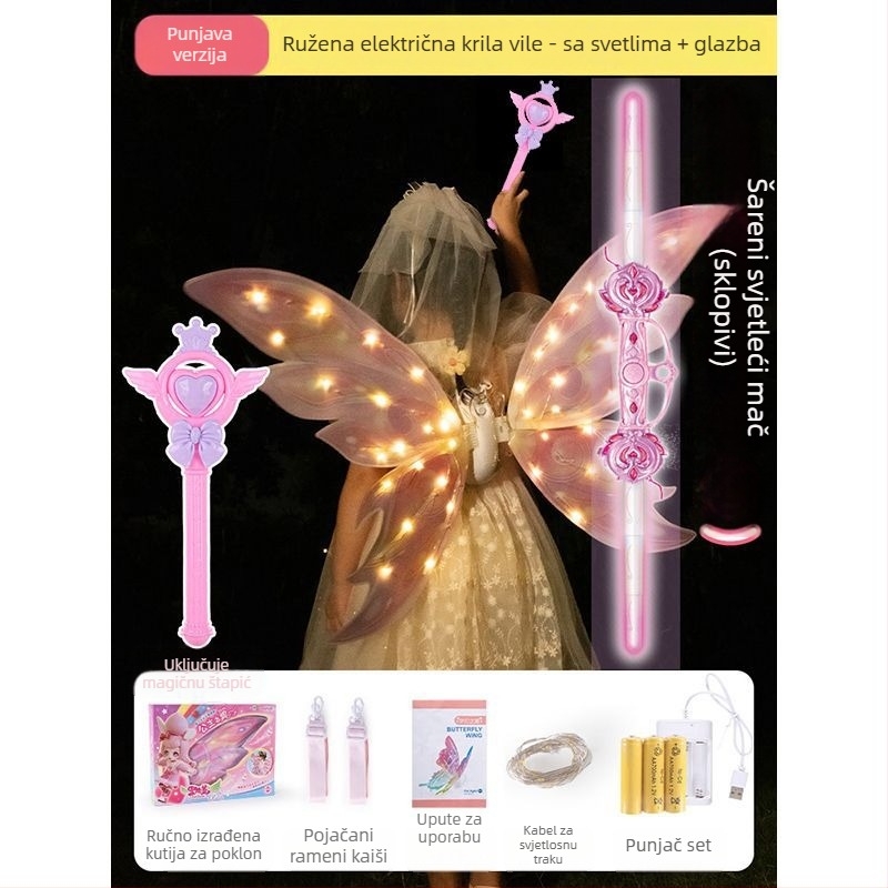 Svetleća krila vila leptira s pokretnim LED svjetlima, plastična rekvizita za predstave, 14+ godina