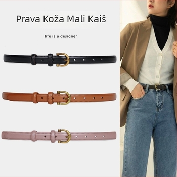 Ženski kožni kaiš za traperice, dvostruki sloj goveđe kože, spona od legure, kopča na iglu, uska širina