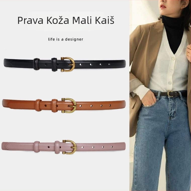 Ženski kožni kaiš za traperice, dvostruki sloj goveđe kože, spona od legure, kopča na iglu, uska širina