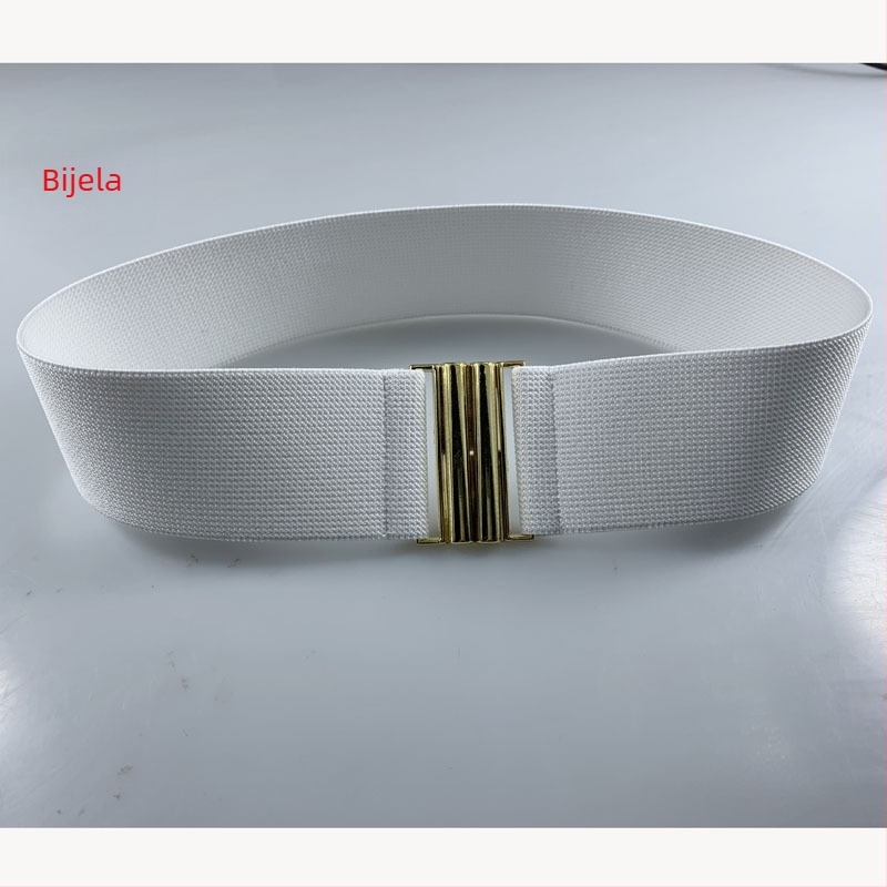 Elastični pojas za haljinu sa širokom metalnom kopčom, prugast uzorak