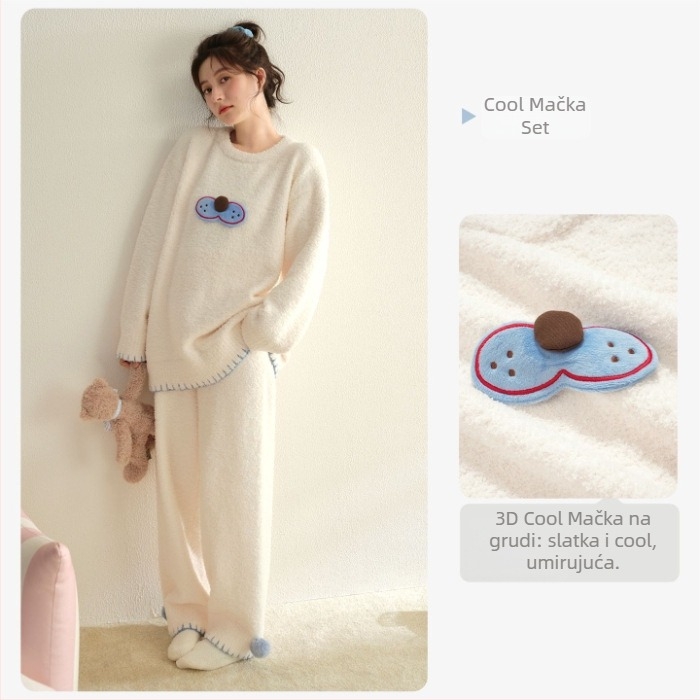 Zimski set za spavanje za djevojčice: jednodijelni noćni odjev s polvelurom, sladak stil, okrugli vrat, dugi rukavi, duga suknja