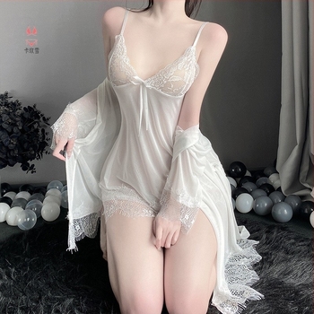 Sexy set za spavanje s cami-topom — Top s čipkom Ice Silk, bez rukava, okrugli izrez, kratke hlače, srednje težak poliester