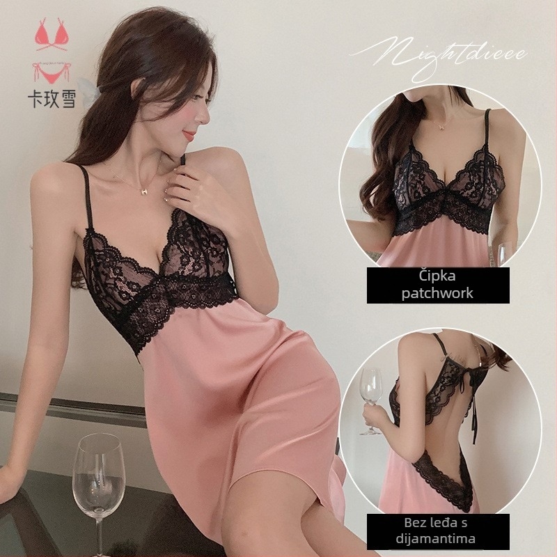 Sexy set za spavanje s cami-topom — Top s čipkom Ice Silk, bez rukava, okrugli izrez, kratke hlače, srednje težak poliester