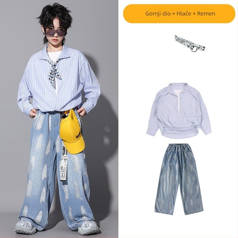 Dječji set majice i traperica za hip-hop ulične plesove, unisex, jesen 2025, pamuk, za djecu od 8 godina ili više (iznad 140 cm)