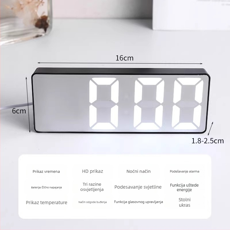 Stolni budilnik s luminescentnim zaslonom, kalendar, LCD brojčani prikaz, baterijsko napajanje, jednostavan moderni dizajn