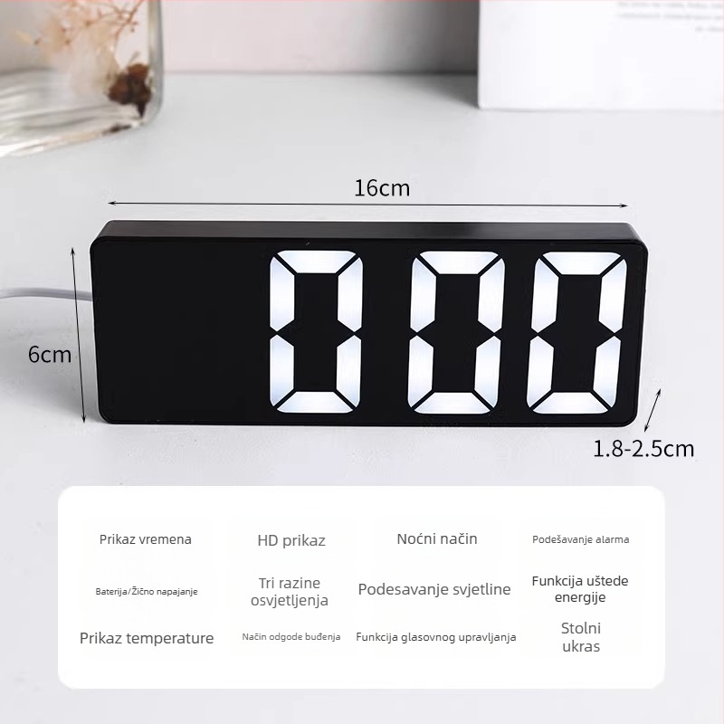Stolni budilnik s luminescentnim zaslonom, kalendar, LCD brojčani prikaz, baterijsko napajanje, jednostavan moderni dizajn
