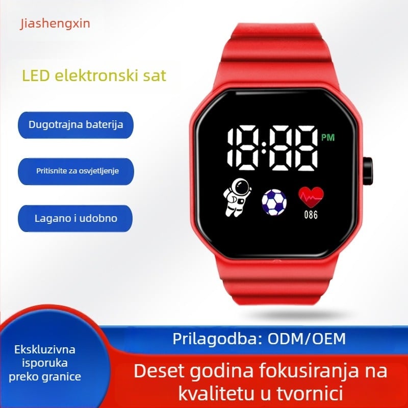 Digitalni sportski sat s kvadratnim brojčanikom, elektronički mehanizam, TPU narukvica, plastično kućište.