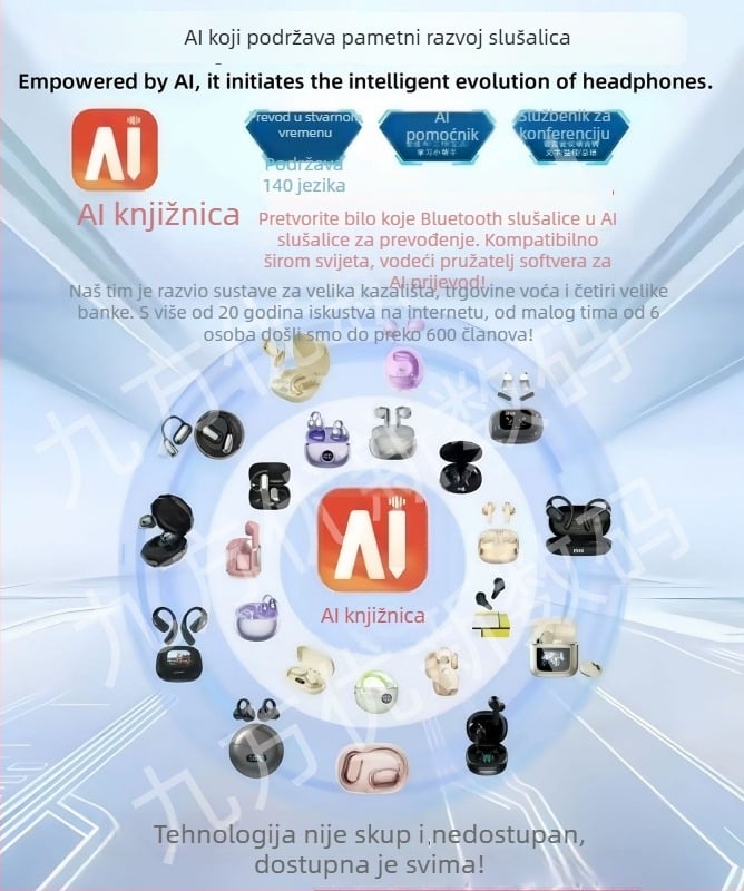 Slušalice za prevođenje s AI prijevodom u stvarnom vremenu, Bluetooth 5.0, IPX3 vodootporne, domet 15 m, trajanje baterije 4–8 h