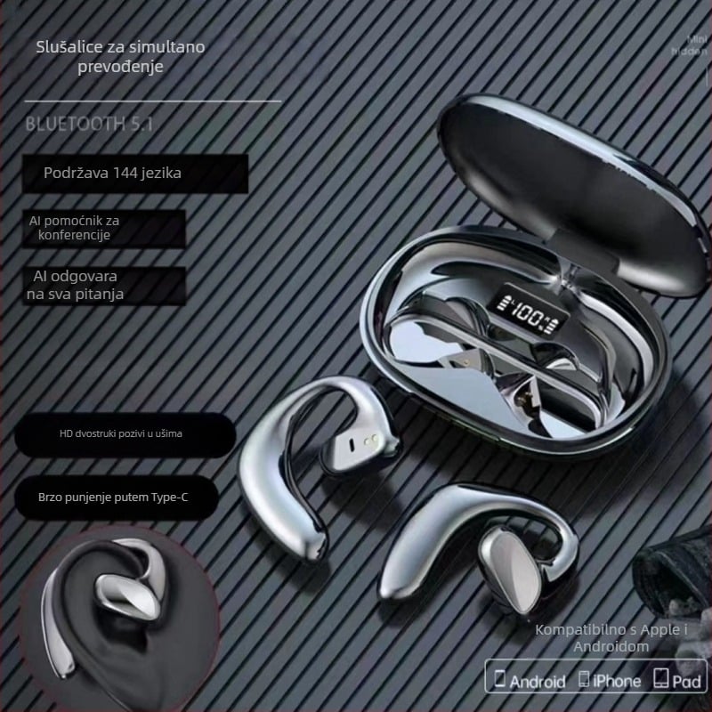 Slušalice za prevođenje s AI prijevodom u stvarnom vremenu, Bluetooth 5.0, IPX3 vodootporne, domet 15 m, trajanje baterije 4–8 h
