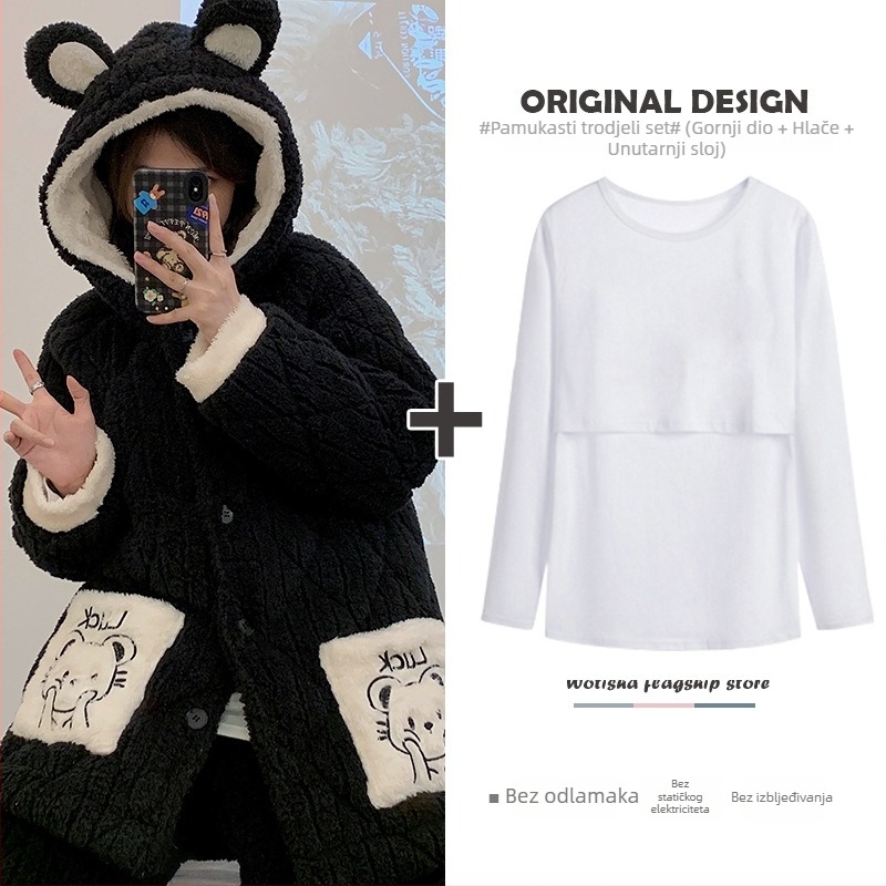 Majčinski pidžama set za dojenje — s kapuljom, dugim rukavima, trodijelni set od quiltovanog pamuka, 100% poliester