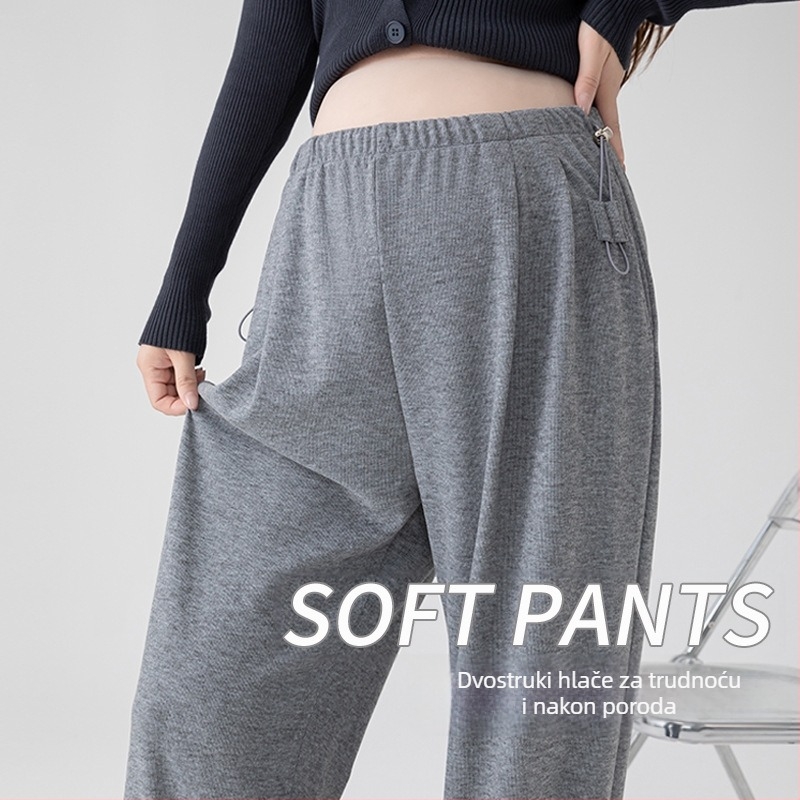 Trudničke hlače od vunene smjese, širokog kroja, visokog struka, podstavljene flisom, podrška trbuhu