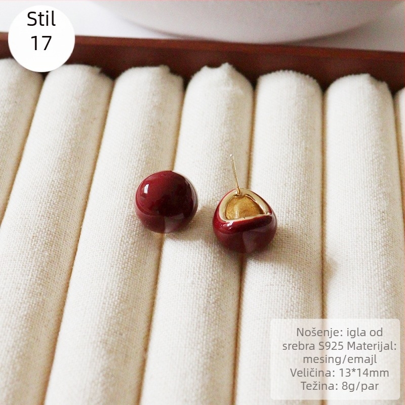 Francuski retro stil vino-crvene naušnice sa S925 srebrnim postom, geometrijski dizajn u obliku slova C, za žene