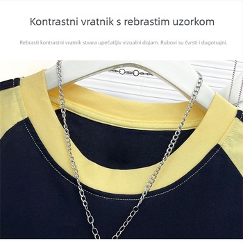 Pamukova majica s blok boja, raglan rukavi, okrugli izrez, opušten kroj, srednja duljina