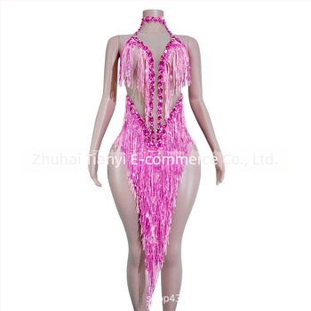 Ženska haljina od mreže s blještavim šljokicama i resicama – scenski kostim za latinski ples, europski i američki stil, jesen 2025, mješavina poliester-spandeks-bavla