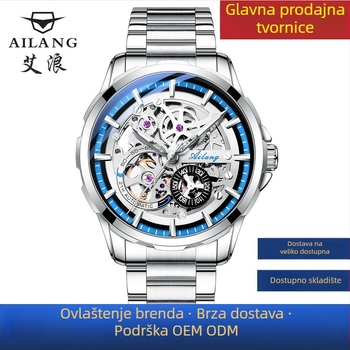 Ai Lang modni skeletni automatski mehanički sat, okrugli cifernik, kućište od legure, nehrđajući čelični kaiš, vodootpornost 30 m
