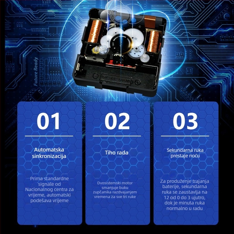 Stolni sat s analognim prikazom, mehanički pogon, napajan baterijama, brojčanik od kaljenog stakla, tihi rad