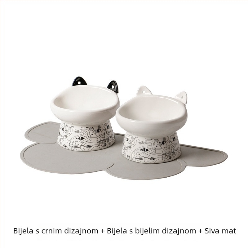 Keramička posuda za mačke s visokim nogama, dvostruka zdjela za hranu i vodu, protiv prevrtanja