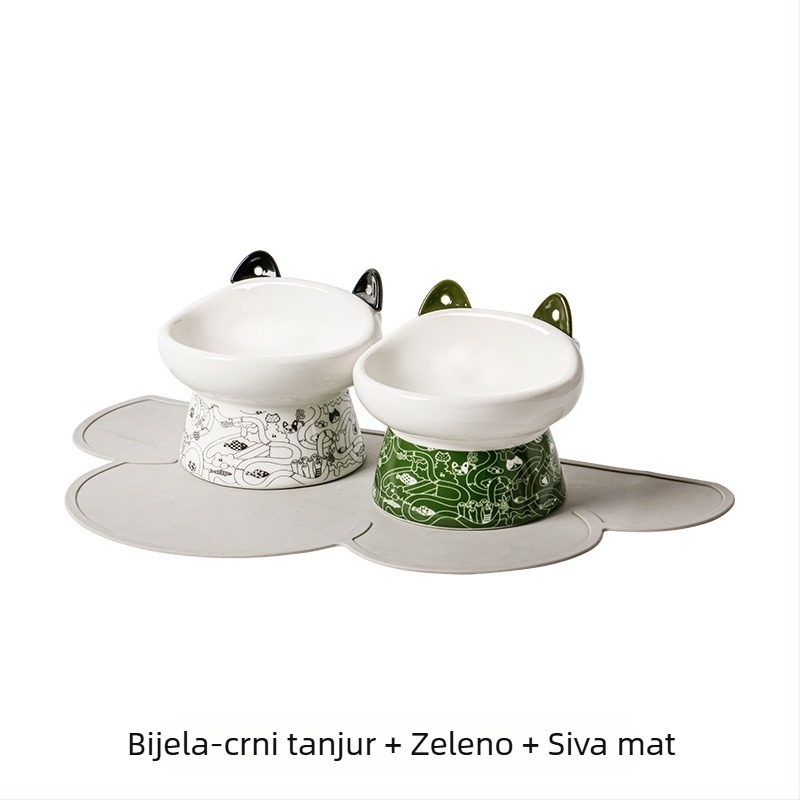 Keramička posuda za mačke s visokim nogama, dvostruka zdjela za hranu i vodu, protiv prevrtanja