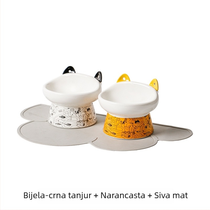 Keramička posuda za mačke s visokim nogama, dvostruka zdjela za hranu i vodu, protiv prevrtanja