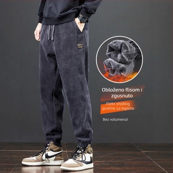 Sportske casual hlače od corduroy tkanine, debeli materijal, srednji pojas s remenom, taper kroj nogavica, dekorativne džepove
