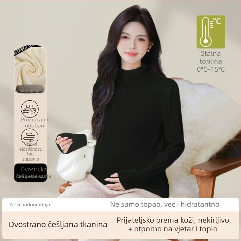 Maternistički top s užim krojem, polu-visoki ovratnik, dugi rukav, dizajn za podršku trbuha | poliester 80–90% glavni materijal | jesen zima