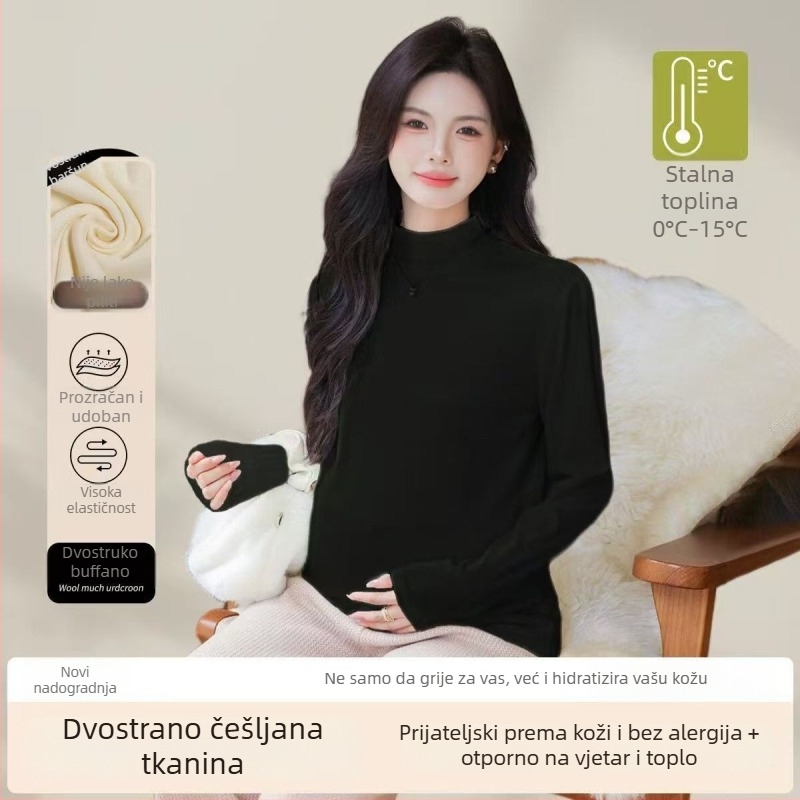 Maternistički top s užim krojem, polu-visoki ovratnik, dugi rukav, dizajn za podršku trbuha | poliester 80–90% glavni materijal | jesen zima