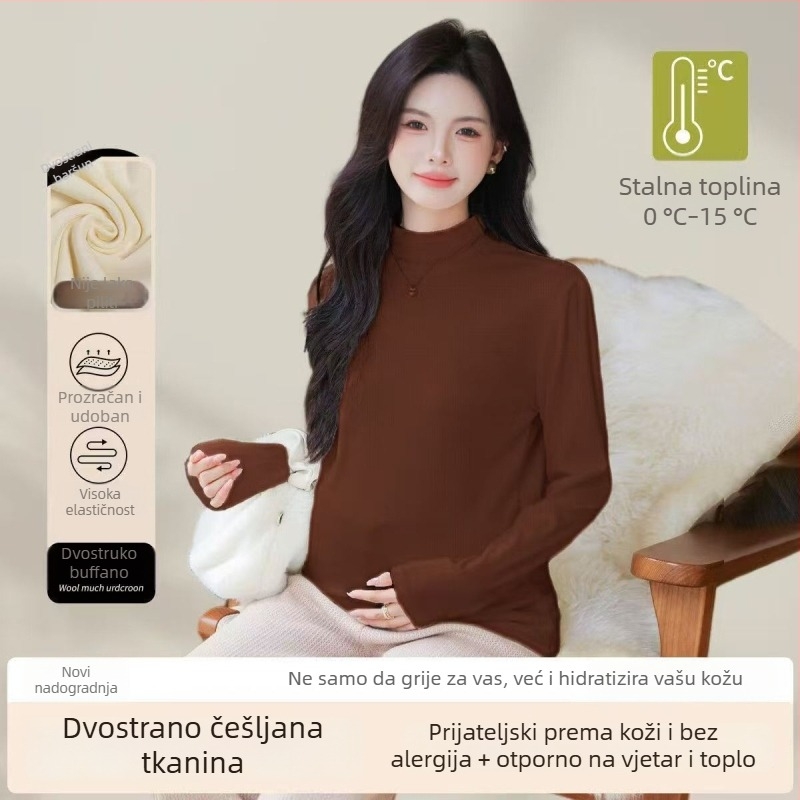 Maternistički top s užim krojem, polu-visoki ovratnik, dugi rukav, dizajn za podršku trbuha | poliester 80–90% glavni materijal | jesen zima