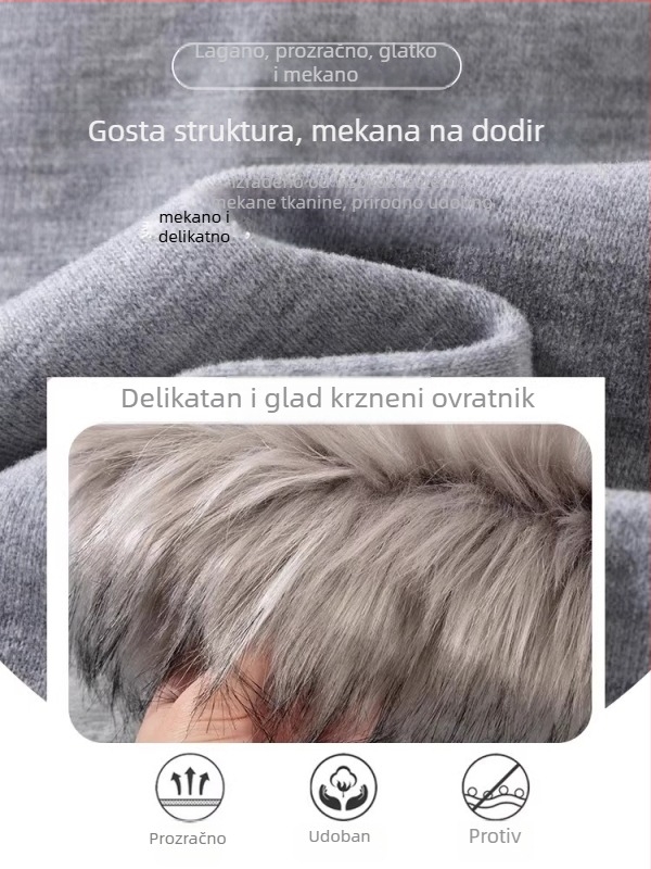 Siva jakna s krznenim ovratnikom, podstavljena flisom, s kapuljom za žene, zima 2026