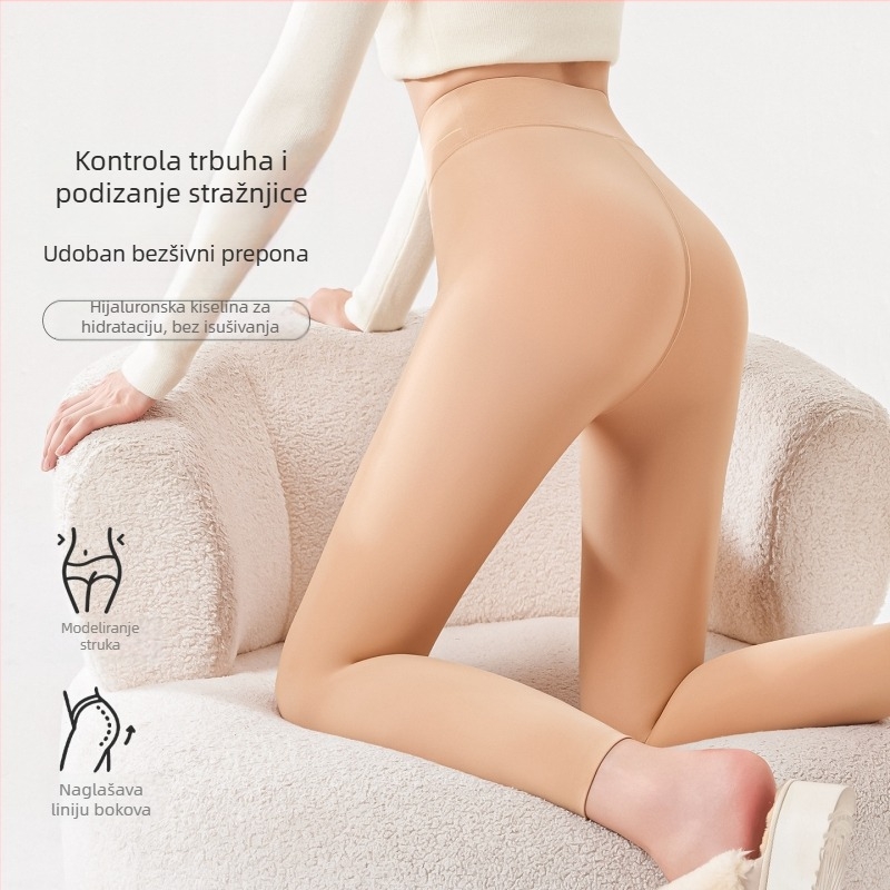 Najlon hlačne čarape s flis podstavom, visokim strukom za kontrolu trbuha, tople i debele, jednobojne, duljina 9/10, s cijelim stopalima