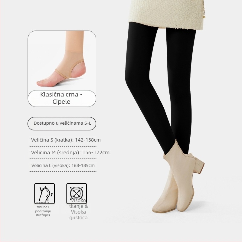 Najlon hlačne čarape s flis podstavom, visokim strukom za kontrolu trbuha, tople i debele, jednobojne, duljina 9/10, s cijelim stopalima