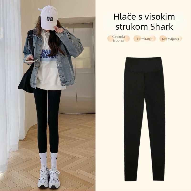 Ženske Shark hlače s visokim strukom, zimska podstava, uske joga hlače s elastikom