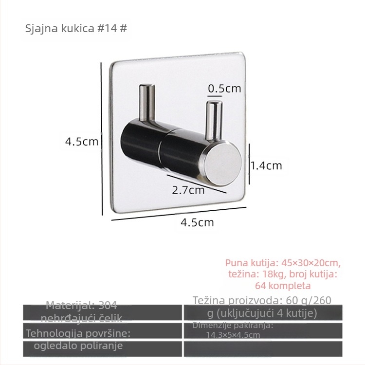 Nehrđajući čelični kupaonski samoljepljivi kuka, jednostruki, moderni minimalistički dizajn; nosivost 5 kg; bez bušenja; montaža iza vrata.