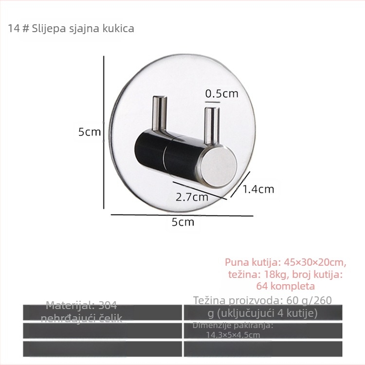 Nehrđajući čelični kupaonski samoljepljivi kuka, jednostruki, moderni minimalistički dizajn; nosivost 5 kg; bez bušenja; montaža iza vrata.