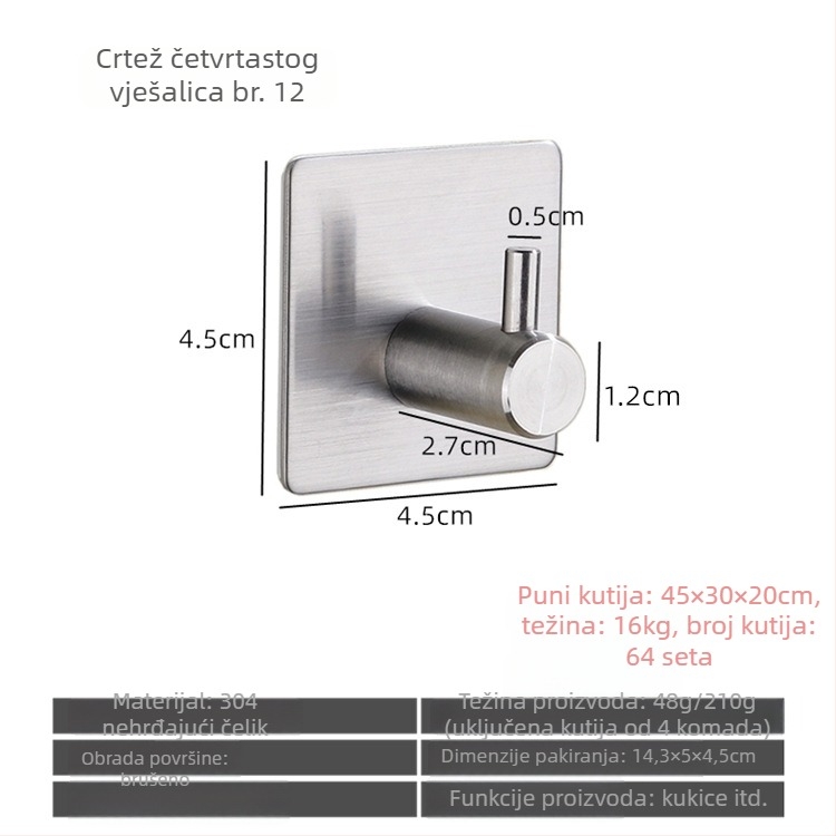 Nehrđajući čelični kupaonski samoljepljivi kuka, jednostruki, moderni minimalistički dizajn; nosivost 5 kg; bez bušenja; montaža iza vrata.