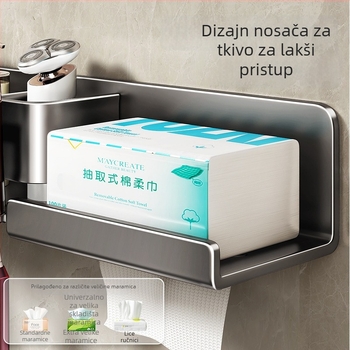 Metalni držač za četkice za zube, zidni, bez bušenja, s integriranim skladištem, držačem šalice za ispiranje i držačem papirnatih maramica