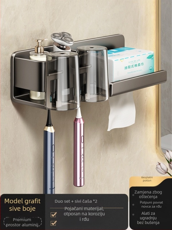 Metalni držač za četkice za zube, zidni, bez bušenja, s integriranim skladištem, držačem šalice za ispiranje i držačem papirnatih maramica