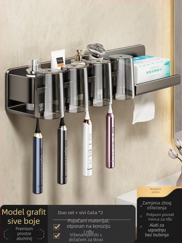 Metalni držač za četkice za zube, zidni, bez bušenja, s integriranim skladištem, držačem šalice za ispiranje i držačem papirnatih maramica