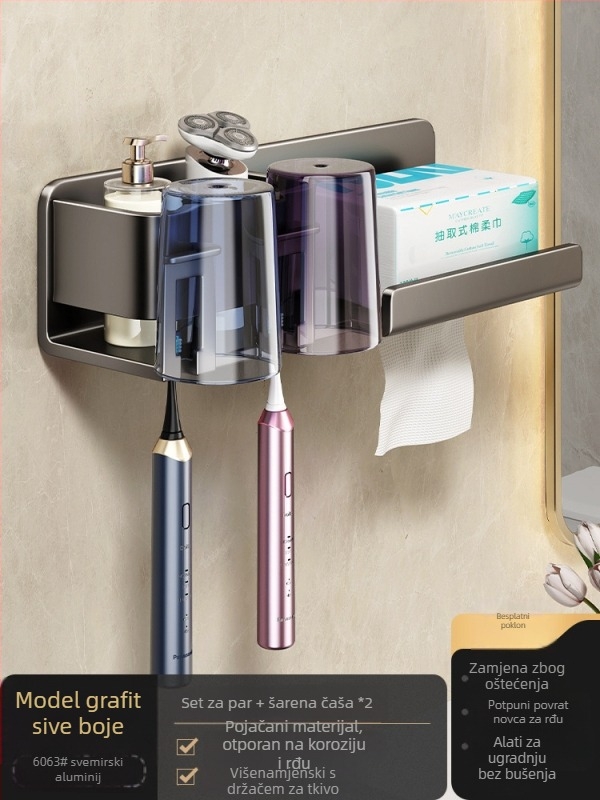 Metalni držač za četkice za zube, zidni, bez bušenja, s integriranim skladištem, držačem šalice za ispiranje i držačem papirnatih maramica