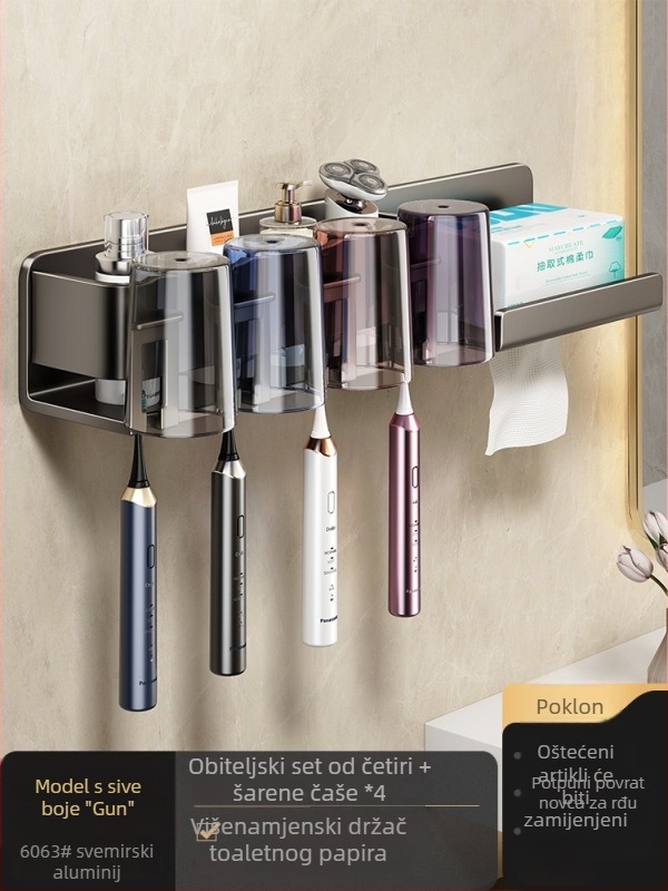 Metalni držač za četkice za zube, zidni, bez bušenja, s integriranim skladištem, držačem šalice za ispiranje i držačem papirnatih maramica