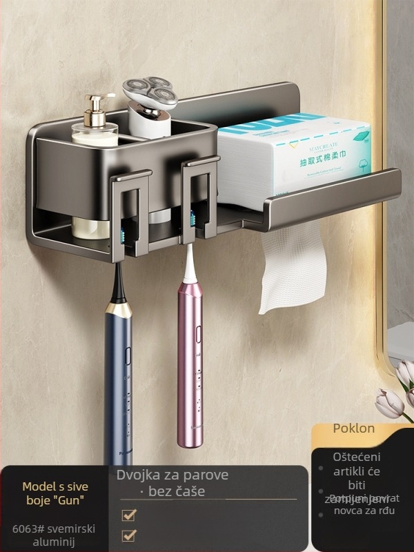 Metalni držač za četkice za zube, zidni, bez bušenja, s integriranim skladištem, držačem šalice za ispiranje i držačem papirnatih maramica