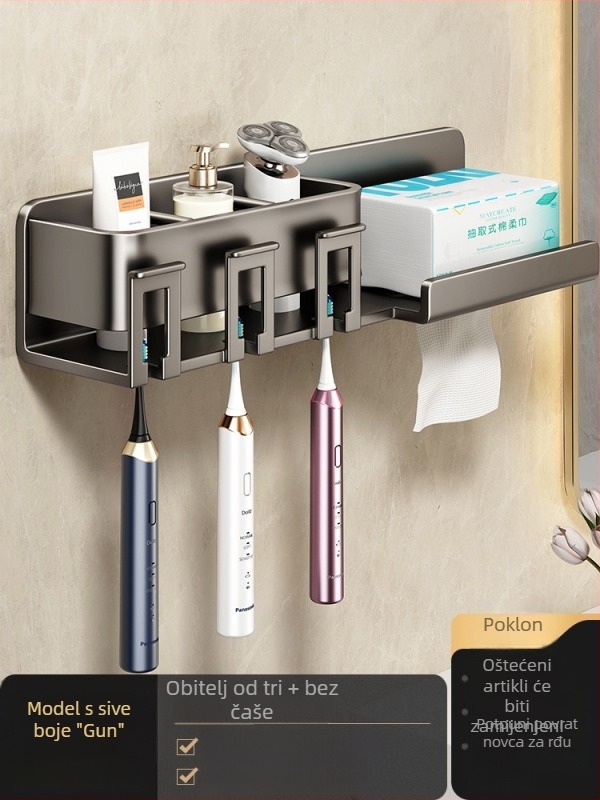 Metalni držač za četkice za zube, zidni, bez bušenja, s integriranim skladištem, držačem šalice za ispiranje i držačem papirnatih maramica