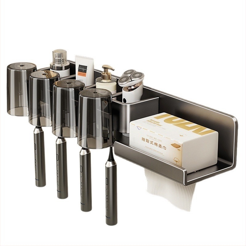 Metalni držač za četkice za zube, zidni, bez bušenja, s integriranim skladištem, držačem šalice za ispiranje i držačem papirnatih maramica