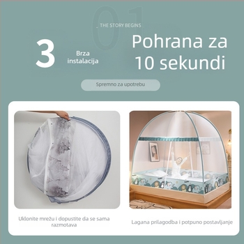 Krevetna mreža protiv komaraca — mongolski jurta stil, crtani dizajn, poliester, okvir od vlakana stakla, bez montaže