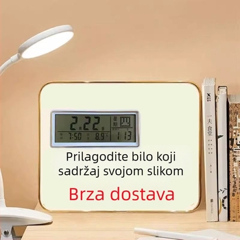 Budilnik s okvirom za fotografije i stalakom na stol, dekorativni sat s kalendarom, termometrom, fazama Mjeseca te prikazom dana u tjednu i mjeseca