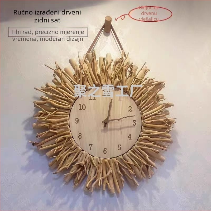 Zidni sat, skandinavski stil, okrugli drveni brojčanik, baterijsko napajanje, jednostrani kvarcni mehanizam sa tihim sekundama