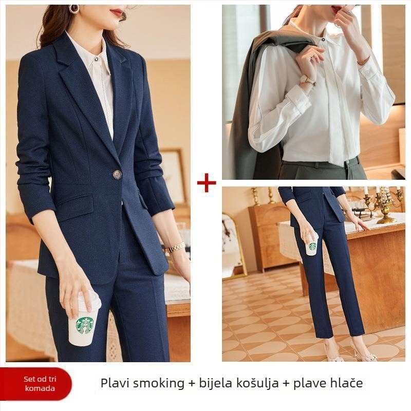 Uniforma stjuardese — radni komplet, dugi rukav, jednobojni uzorak, poliester-viskoza smjesa, šivanje kolaz dizajn, jesen 2022