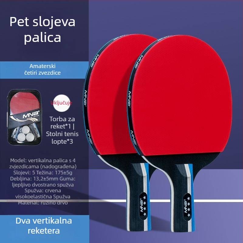 Dvostruka raketa za stolni tenis za početnike i djecu, visoka elastičnost; ploča Basswood; guma Long-glue; tip reketa Direct shot; pogodno i za badminton i tenis