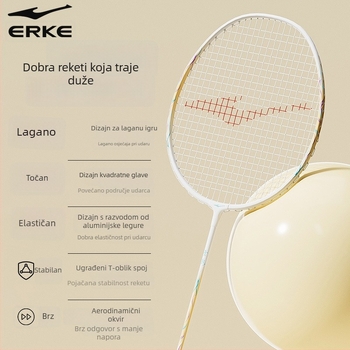 Erke badminton palica – ultra lagana, izdržljiva; okvir od željeznihog legura; težina 75–79 g; tvrdoća šipke umjerena; pogodna za početnike do naprednih